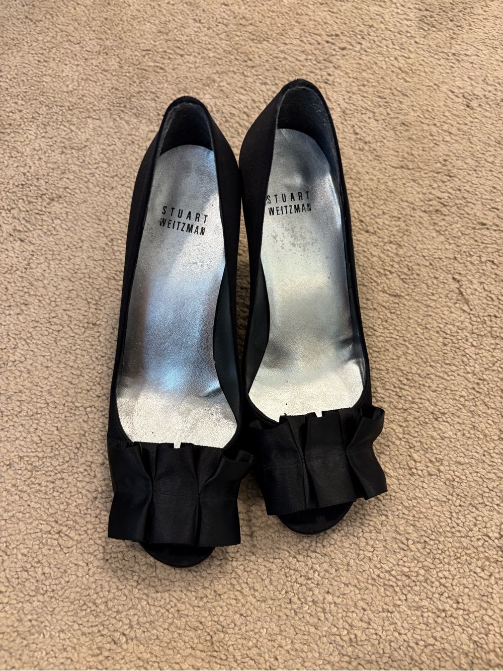 Stuart Weitzman Black Satin Peep-Toe Pumps with Ruffle Bow